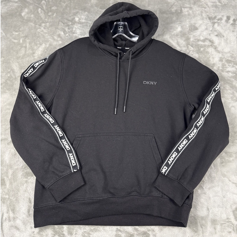 DKNY Mens Black Logo Tape Sleeve Pullover Hoodie Sweatshirt Medium Embroidered